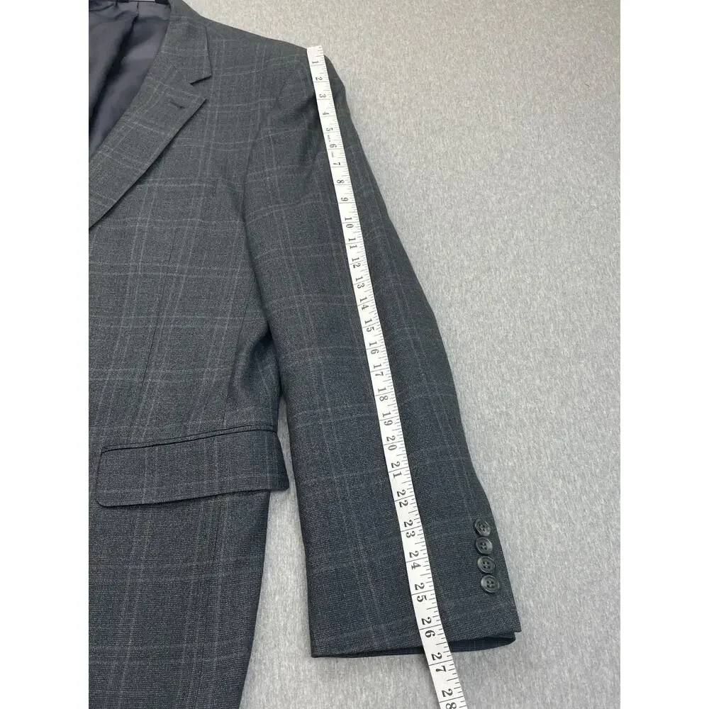 Jos A Bank Blazer Mens 44L Gray Windowpane 100% Wool 2-Button‎ Single Breasted